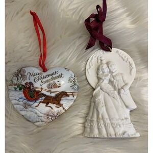 1991 Hallmark Keepsake Sweetheart porcelain heart & '93 Mistletoe Kiss Ornaments